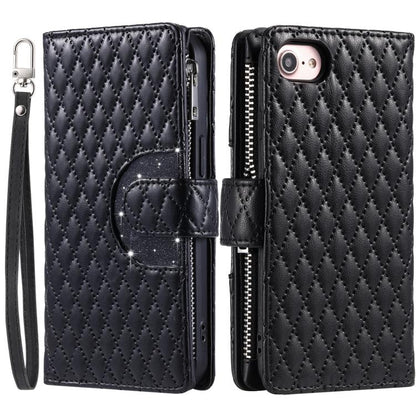 For iPhone 16e Glitter Lattice Zipper Wallet Leather Phone Case(Black) - iPhone 16e Cases by buy2fix | Online Shopping UK | buy2fix