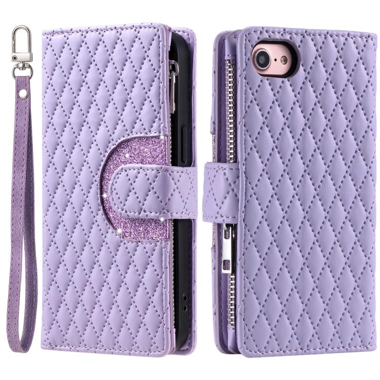 For iPhone 16e Glitter Lattice Zipper Wallet Leather Phone Case(Purple) - iPhone 16e Cases by buy2fix | Online Shopping UK | buy2fix