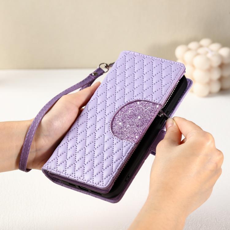 For iPhone 16e Glitter Lattice Zipper Wallet Leather Phone Case(Purple) - iPhone 16e Cases by buy2fix | Online Shopping UK | buy2fix