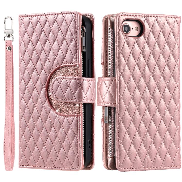 For iPhone 16e Glitter Lattice Zipper Wallet Leather Phone Case(Rose Gold) - iPhone 16e Cases by buy2fix | Online Shopping UK | buy2fix