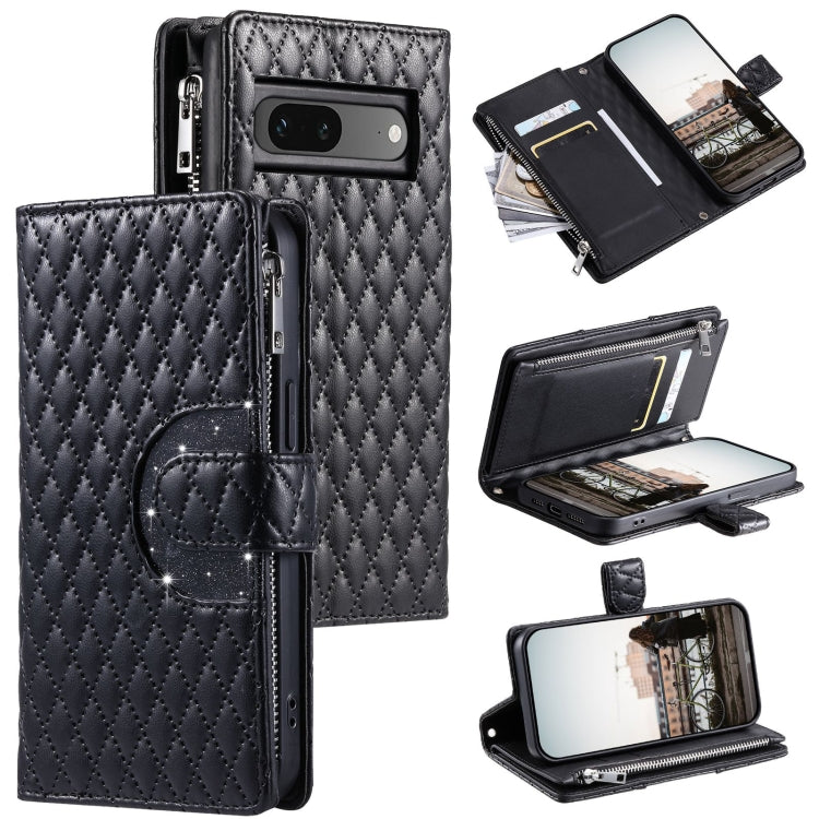 For Google Pixel 7 5G Glitter Lattice Zipper Wallet Leather Phone Case(Black) by buy2fix
