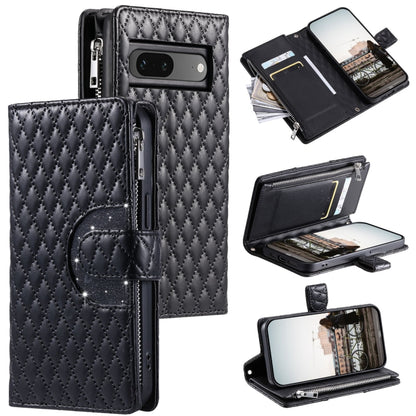 For Google Pixel 7 5G Glitter Lattice Zipper Wallet Leather Phone Case(Black) by buy2fix