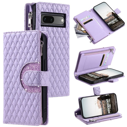 For Google Pixel 7 5G Glitter Lattice Zipper Wallet Leather Phone Case(Purple) by buy2fix