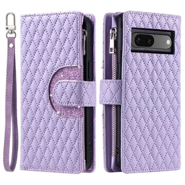 For Google Pixel 7 5G Glitter Lattice Zipper Wallet Leather Phone Case(Purple) by buy2fix