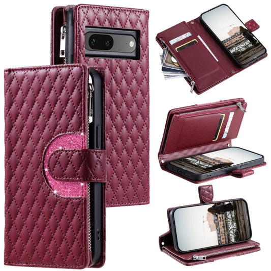 For Google Pixel 7 5G Glitter Lattice Zipper Wallet Leather Phone Case(Wine Red) by buy2fix