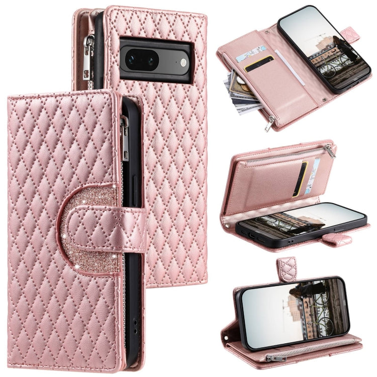 For Google Pixel 7 5G Glitter Lattice Zipper Wallet Leather Phone Case(Rose Gold) by buy2fix