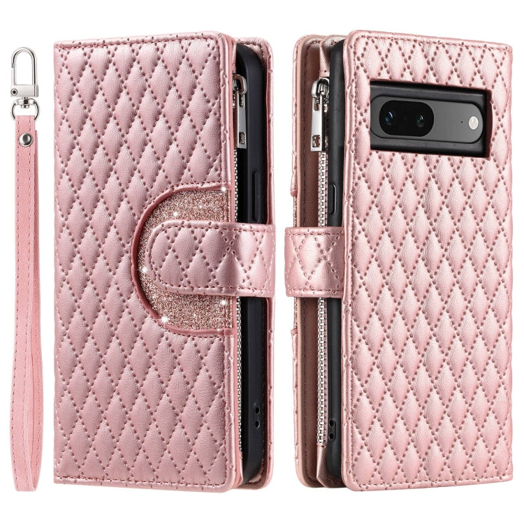 For Google Pixel 7 5G Glitter Lattice Zipper Wallet Leather Phone Case(Rose Gold) by buy2fix