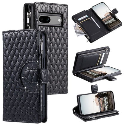 For Google Pixel 7a Glitter Lattice Zipper Wallet Leather Phone Case(Black) by buy2fix