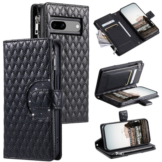 For Google Pixel 7a Glitter Lattice Zipper Wallet Leather Phone Case(Black) by buy2fix