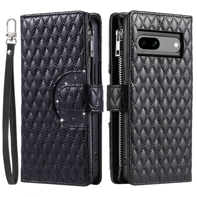 For Google Pixel 7a Glitter Lattice Zipper Wallet Leather Phone Case(Black) by buy2fix