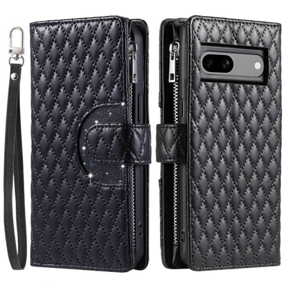 For Google Pixel 7a Glitter Lattice Zipper Wallet Leather Phone Case(Black) by buy2fix
