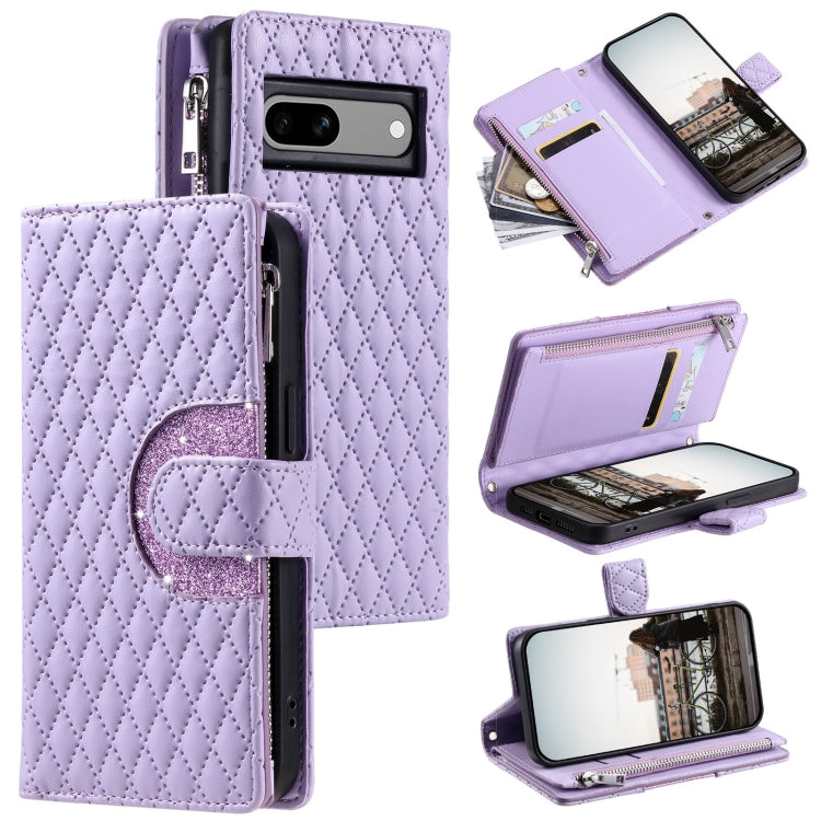 For Google Pixel 7a Glitter Lattice Zipper Wallet Leather Phone Case(Purple) by buy2fix