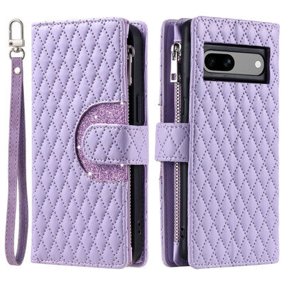 For Google Pixel 7a Glitter Lattice Zipper Wallet Leather Phone Case(Purple) by buy2fix