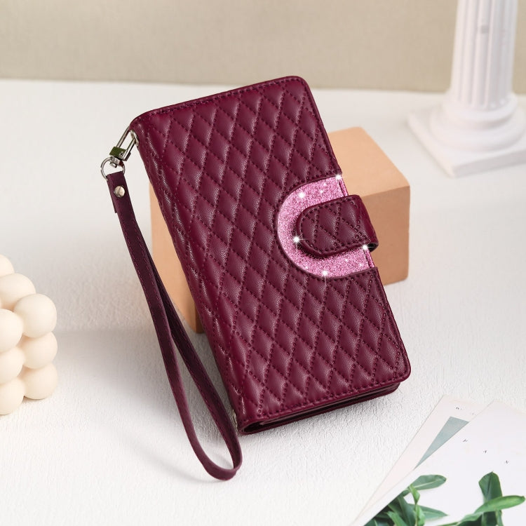 For Google Pixel 7a Glitter Lattice Zipper Wallet Leather Phone Case(Wine Red) by buy2fix