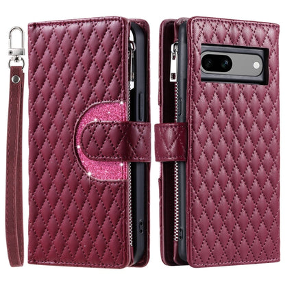 For Google Pixel 7a Glitter Lattice Zipper Wallet Leather Phone Case(Wine Red) by buy2fix