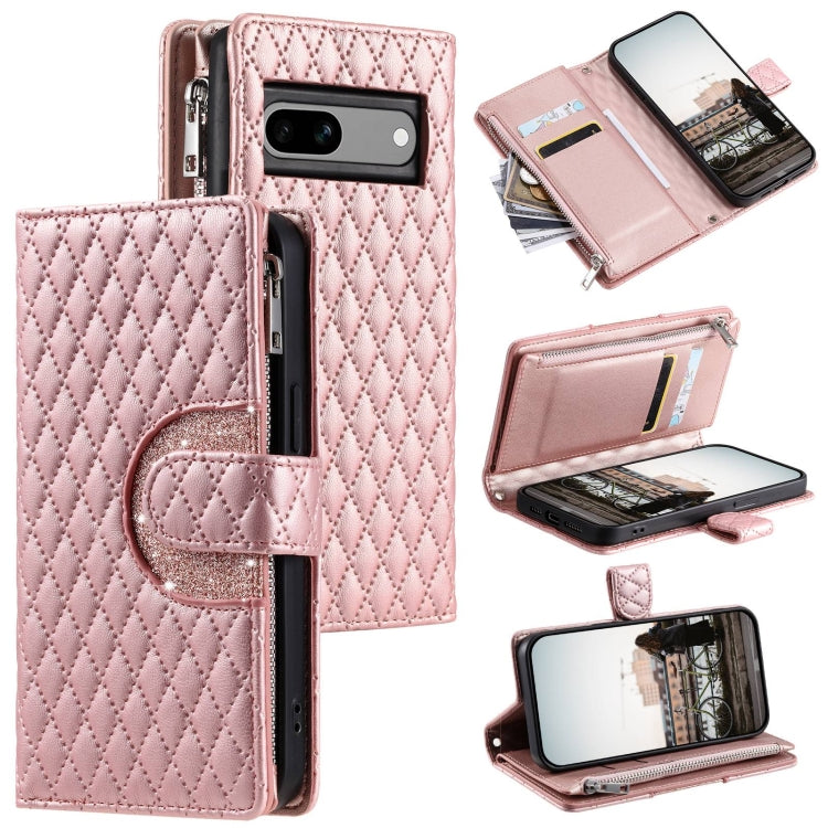 For Google Pixel 7a Glitter Lattice Zipper Wallet Leather Phone Case(Rose Gold) by buy2fix