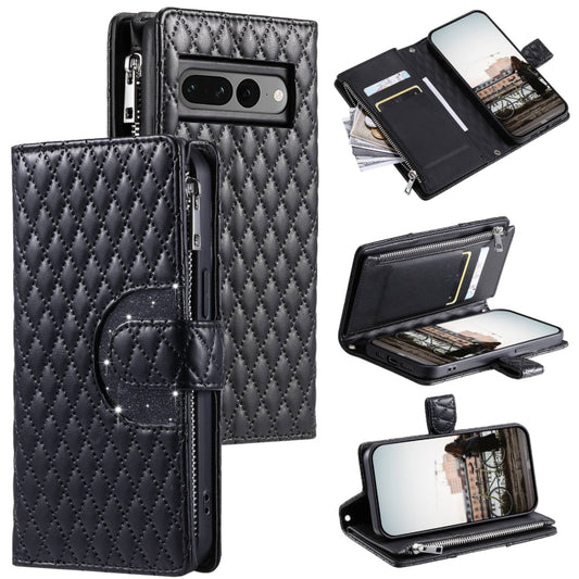 For Google Pixel 7 Pro 5G Glitter Lattice Zipper Wallet Leather Phone Case(Black) by buy2fix