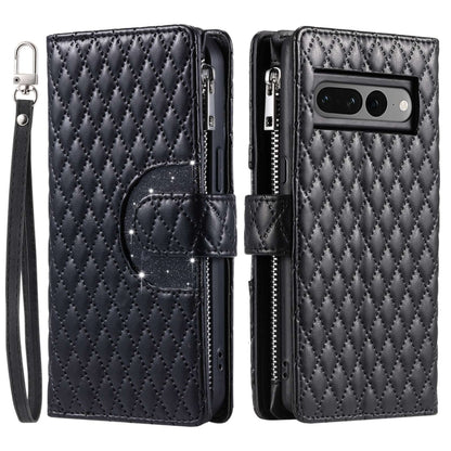 For Google Pixel 7 Pro 5G Glitter Lattice Zipper Wallet Leather Phone Case(Black) by buy2fix