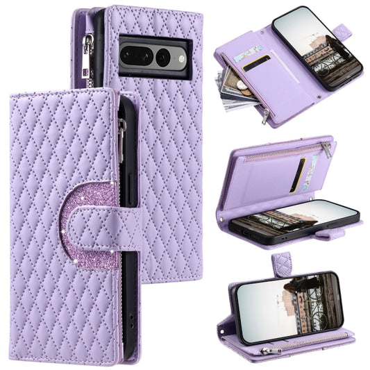 For Google Pixel 7 Pro 5G Glitter Lattice Zipper Wallet Leather Phone Case(Purple) by buy2fix