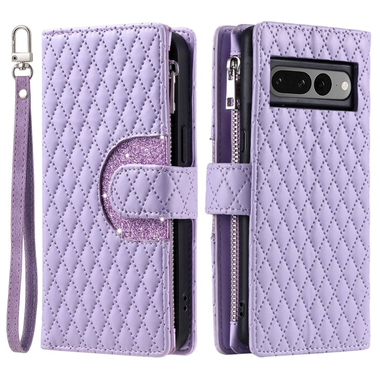 For Google Pixel 7 Pro 5G Glitter Lattice Zipper Wallet Leather Phone Case(Purple) by buy2fix