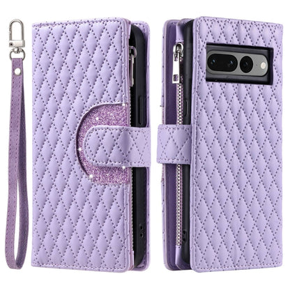 For Google Pixel 7 Pro 5G Glitter Lattice Zipper Wallet Leather Phone Case(Purple) by buy2fix