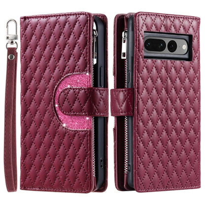 For Google Pixel 7 Pro 5G Glitter Lattice Zipper Wallet Leather Phone Case(Wine Red) by buy2fix
