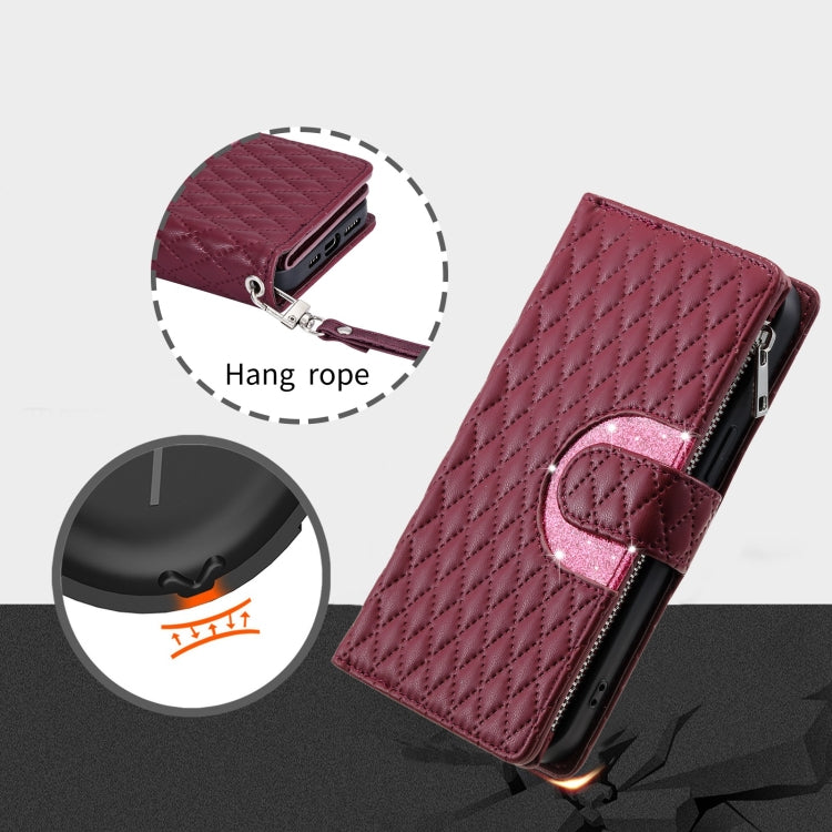 For Google Pixel 7 Pro 5G Glitter Lattice Zipper Wallet Leather Phone Case(Wine Red) by buy2fix
