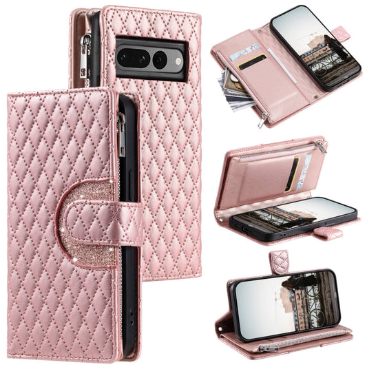 For Google Pixel 7 Pro 5G Glitter Lattice Zipper Wallet Leather Phone Case(Rose Gold) by buy2fix