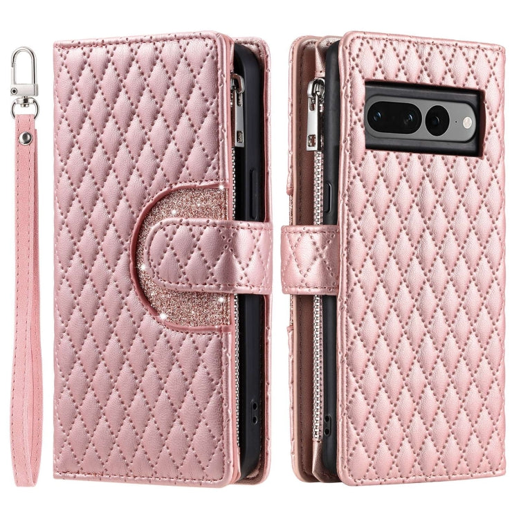 For Google Pixel 7 Pro 5G Glitter Lattice Zipper Wallet Leather Phone Case(Rose Gold) by buy2fix