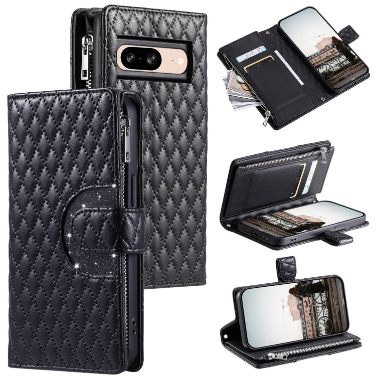For Google Pixel 8 Glitter Lattice Zipper Wallet Leather Phone Case(Black) by buy2fix