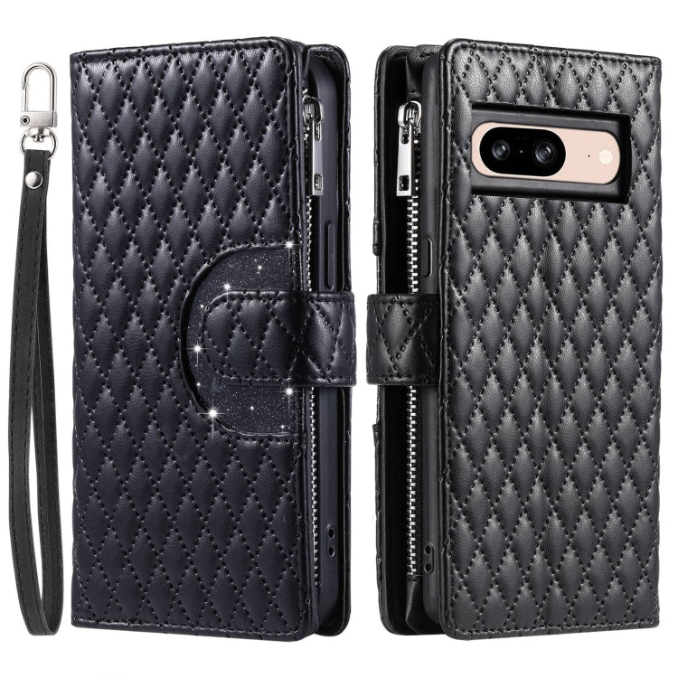 For Google Pixel 8 Glitter Lattice Zipper Wallet Leather Phone Case(Black) by buy2fix