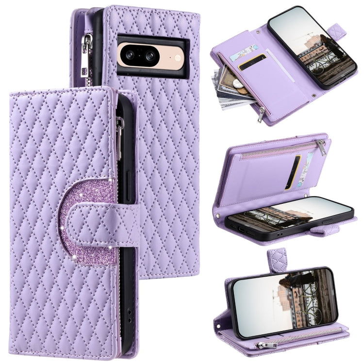 For Google Pixel 8 Glitter Lattice Zipper Wallet Leather Phone Case(Purple) by buy2fix
