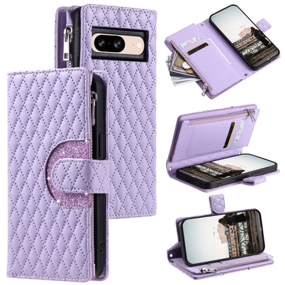 For Google Pixel 8 Glitter Lattice Zipper Wallet Leather Phone Case(Purple) by buy2fix