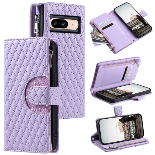 For Google Pixel 8 Glitter Lattice Zipper Wallet Leather Phone Case(Purple) by buy2fix