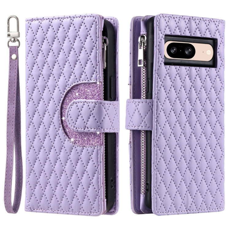 For Google Pixel 8 Glitter Lattice Zipper Wallet Leather Phone Case(Purple) by buy2fix