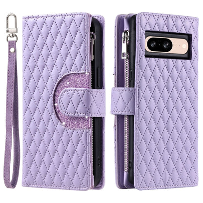For Google Pixel 8 Glitter Lattice Zipper Wallet Leather Phone Case(Purple) by buy2fix