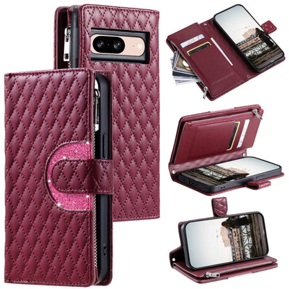 For Google Pixel 8 Glitter Lattice Zipper Wallet Leather Phone Case(Wine Red) by buy2fix
