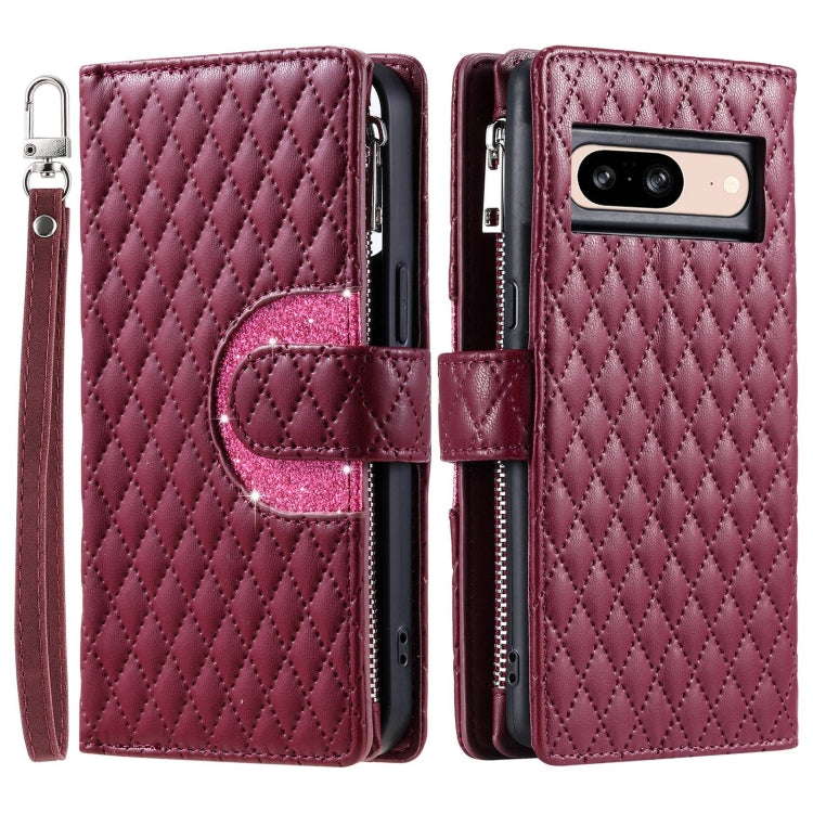 For Google Pixel 8 Glitter Lattice Zipper Wallet Leather Phone Case(Wine Red) by buy2fix