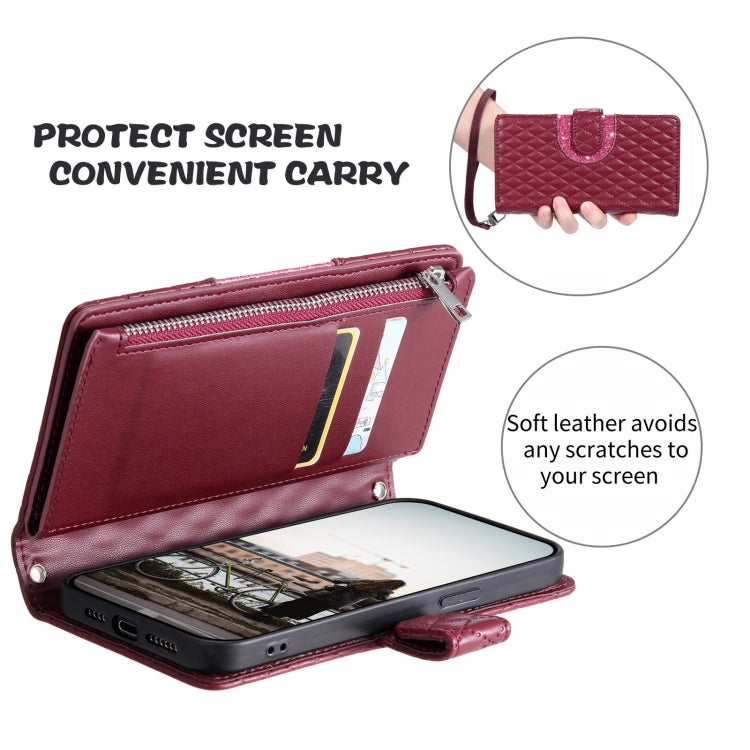 For Google Pixel 8 Glitter Lattice Zipper Wallet Leather Phone Case(Wine Red) by buy2fix
