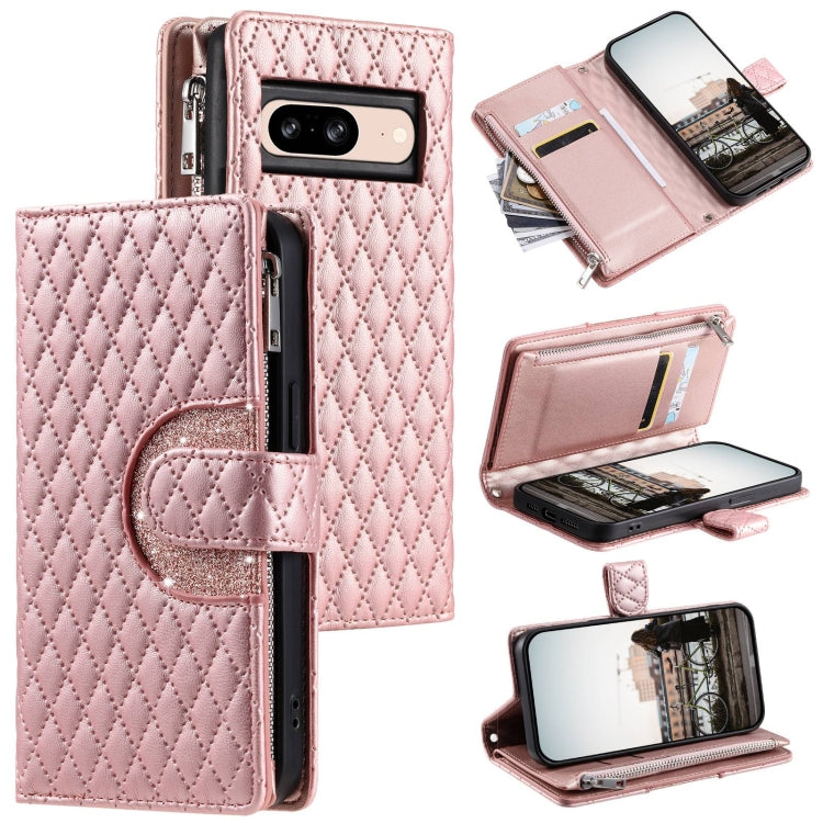 For Google Pixel 8 Glitter Lattice Zipper Wallet Leather Phone Case(Rose Gold) by buy2fix