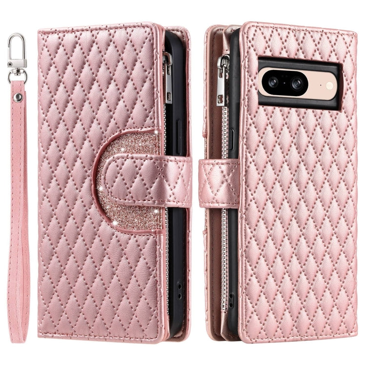 For Google Pixel 8 Glitter Lattice Zipper Wallet Leather Phone Case(Rose Gold) by buy2fix
