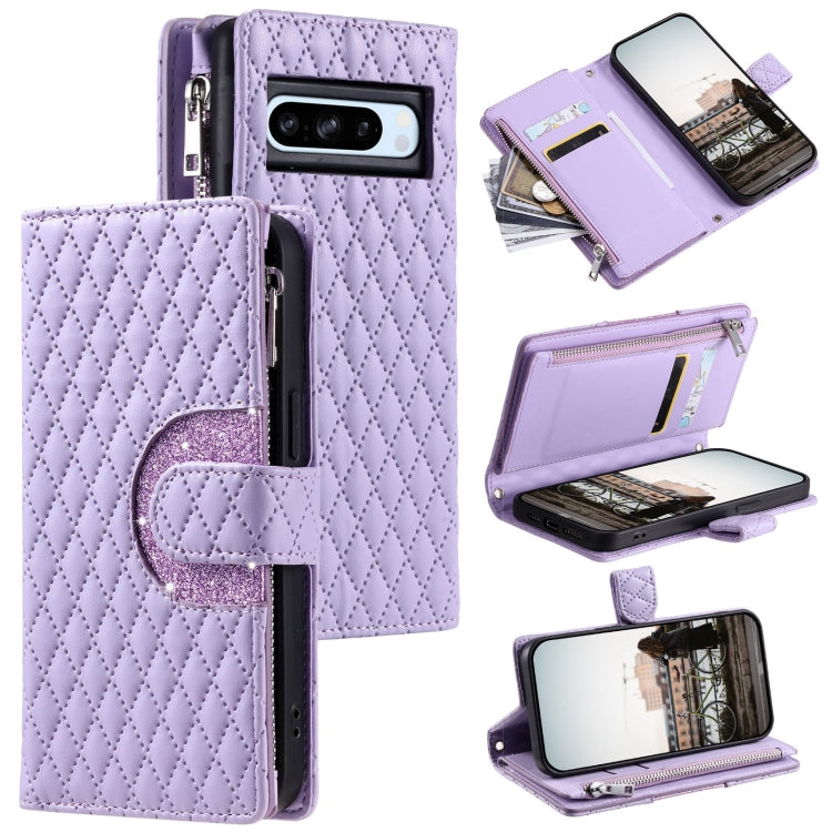 For Google Pixel 8 Pro Glitter Lattice Zipper Wallet Leather Phone Case(Purple) by buy2fix