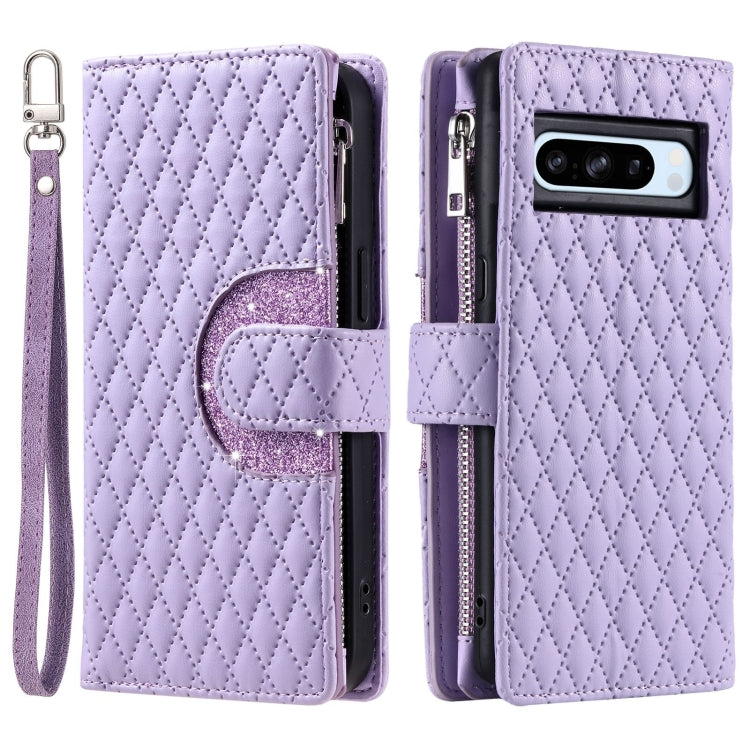For Google Pixel 8 Pro Glitter Lattice Zipper Wallet Leather Phone Case(Purple) by buy2fix