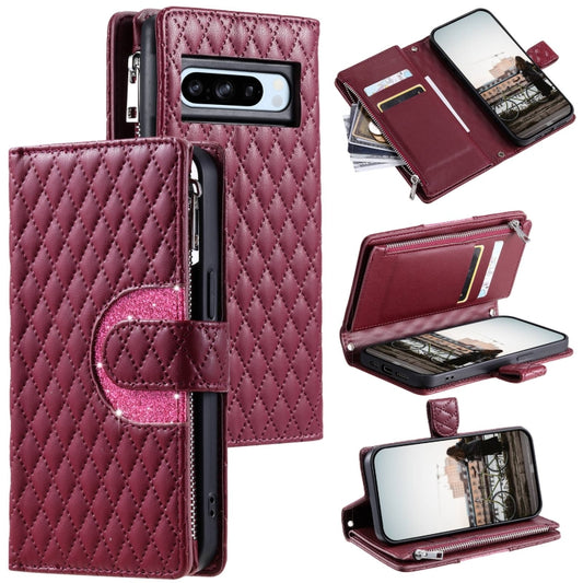 For Google Pixel 8 Pro Glitter Lattice Zipper Wallet Leather Phone Case(Wine Red) by buy2fix