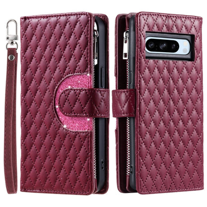 For Google Pixel 8 Pro Glitter Lattice Zipper Wallet Leather Phone Case(Wine Red) by buy2fix