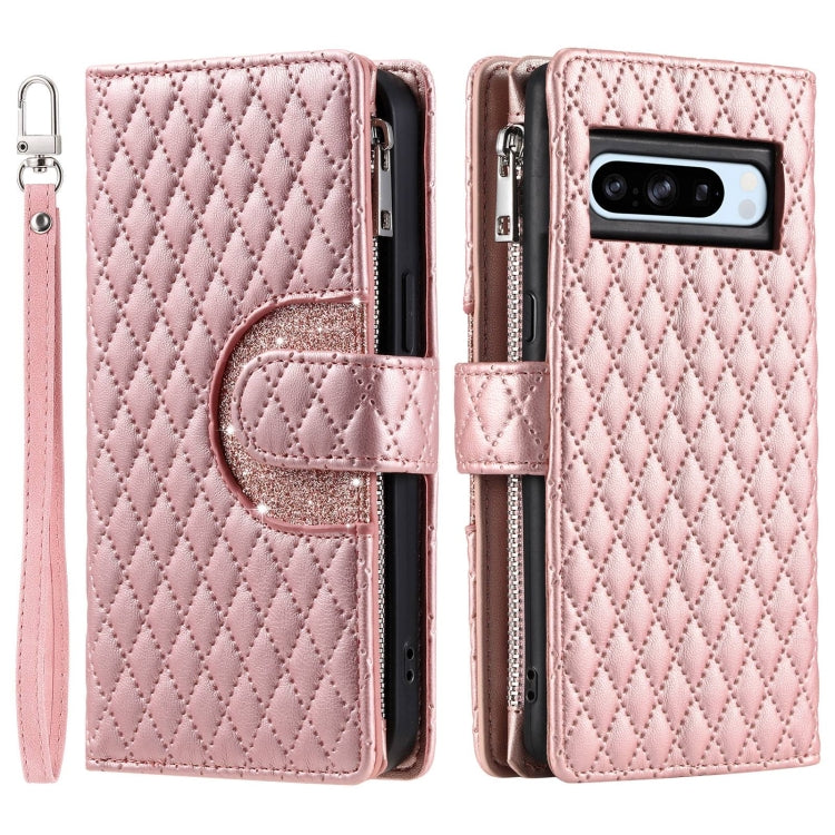 For Google Pixel 8 Pro Glitter Lattice Zipper Wallet Leather Phone Case(Rose Gold) by buy2fix