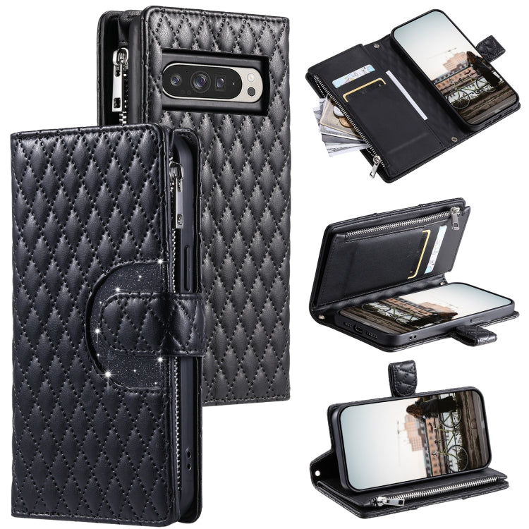 For Google Pixel 9 Pro XL Glitter Lattice Zipper Wallet Leather Phone Case(Black) by buy2fix