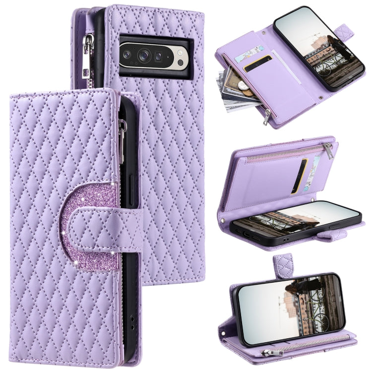 For Google Pixel 9 Pro XL Glitter Lattice Zipper Wallet Leather Phone Case(Purple) by buy2fix