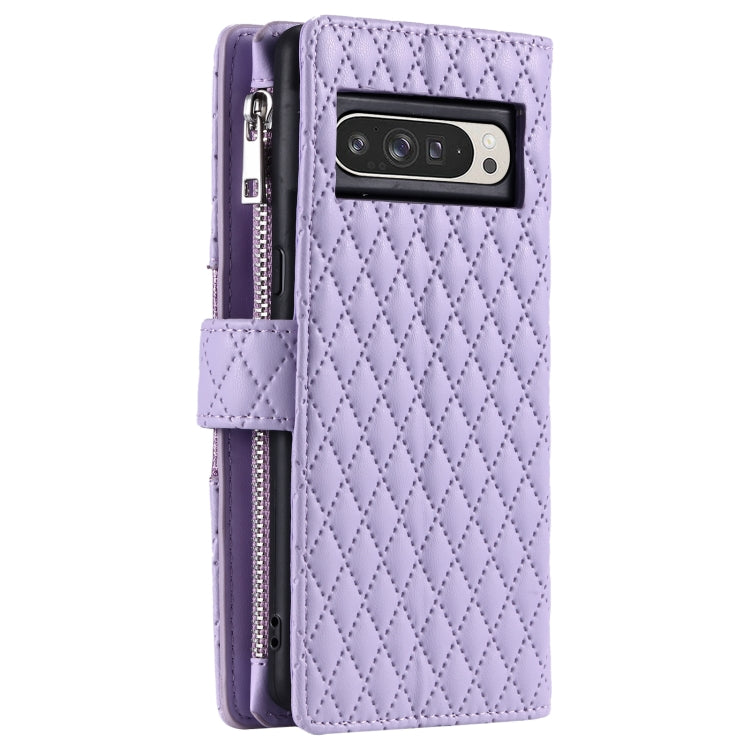 For Google Pixel 9 Pro XL Glitter Lattice Zipper Wallet Leather Phone Case(Purple) by buy2fix