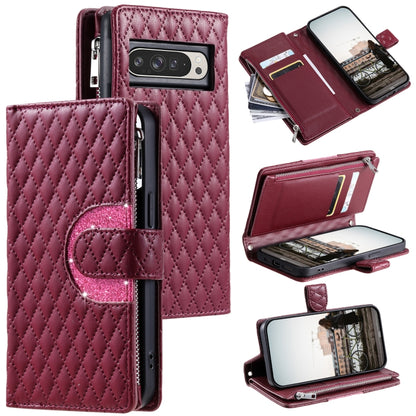 For Google Pixel 9 Pro XL Glitter Lattice Zipper Wallet Leather Phone Case(Wine Red) by buy2fix